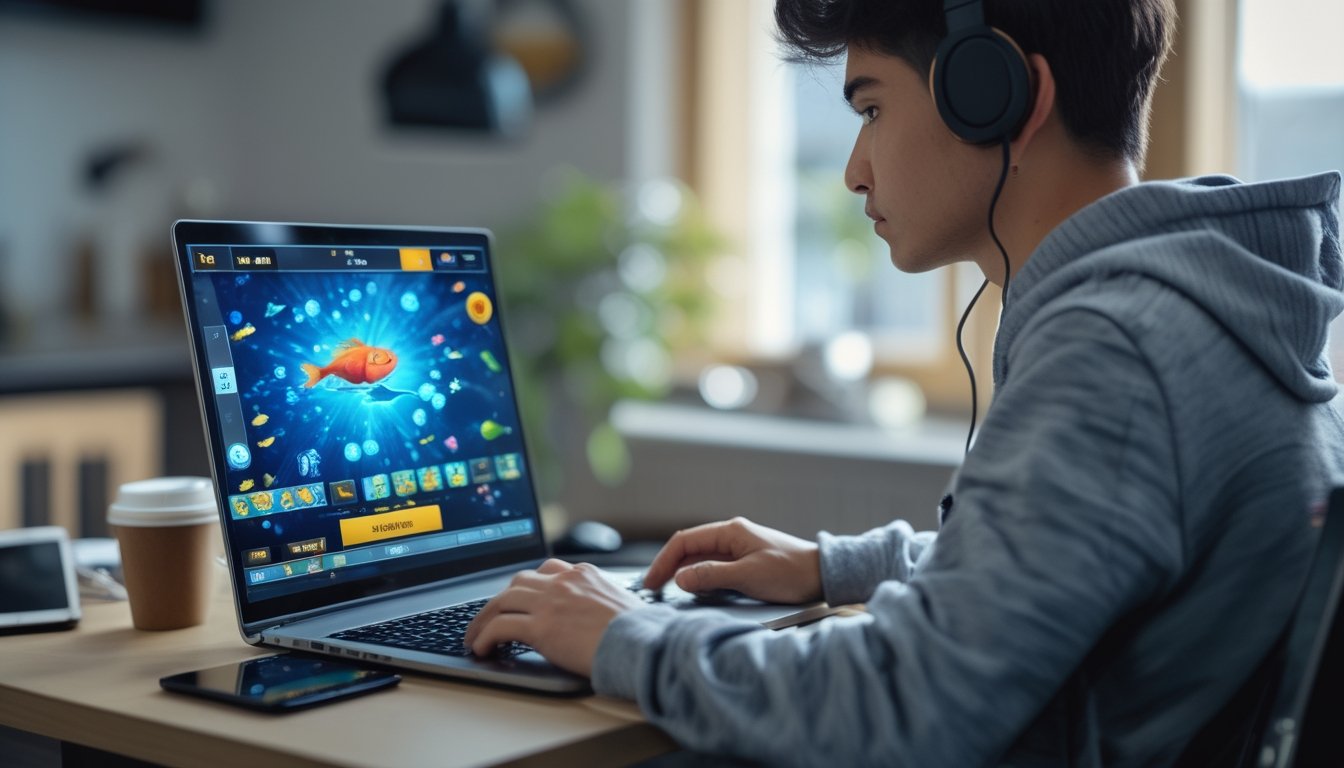 Seseorang duduk di meja dengan laptop yang menampilkan permainan tembak ikan online, terlihat fokus dan tenang.