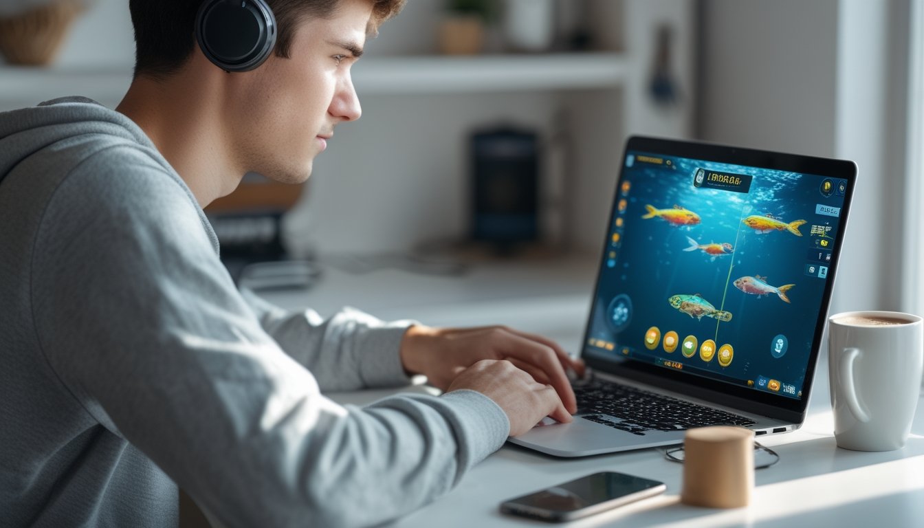 Seseorang sedang bermain game tembak ikan online di laptop di ruang tamu yang nyaman.