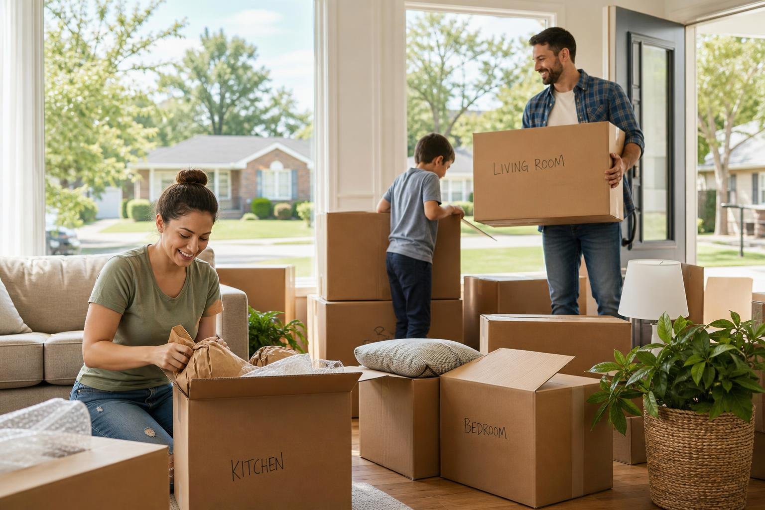 People unpacking boxes and arranging furniture in a living room with a view of a suburban neighborhood.