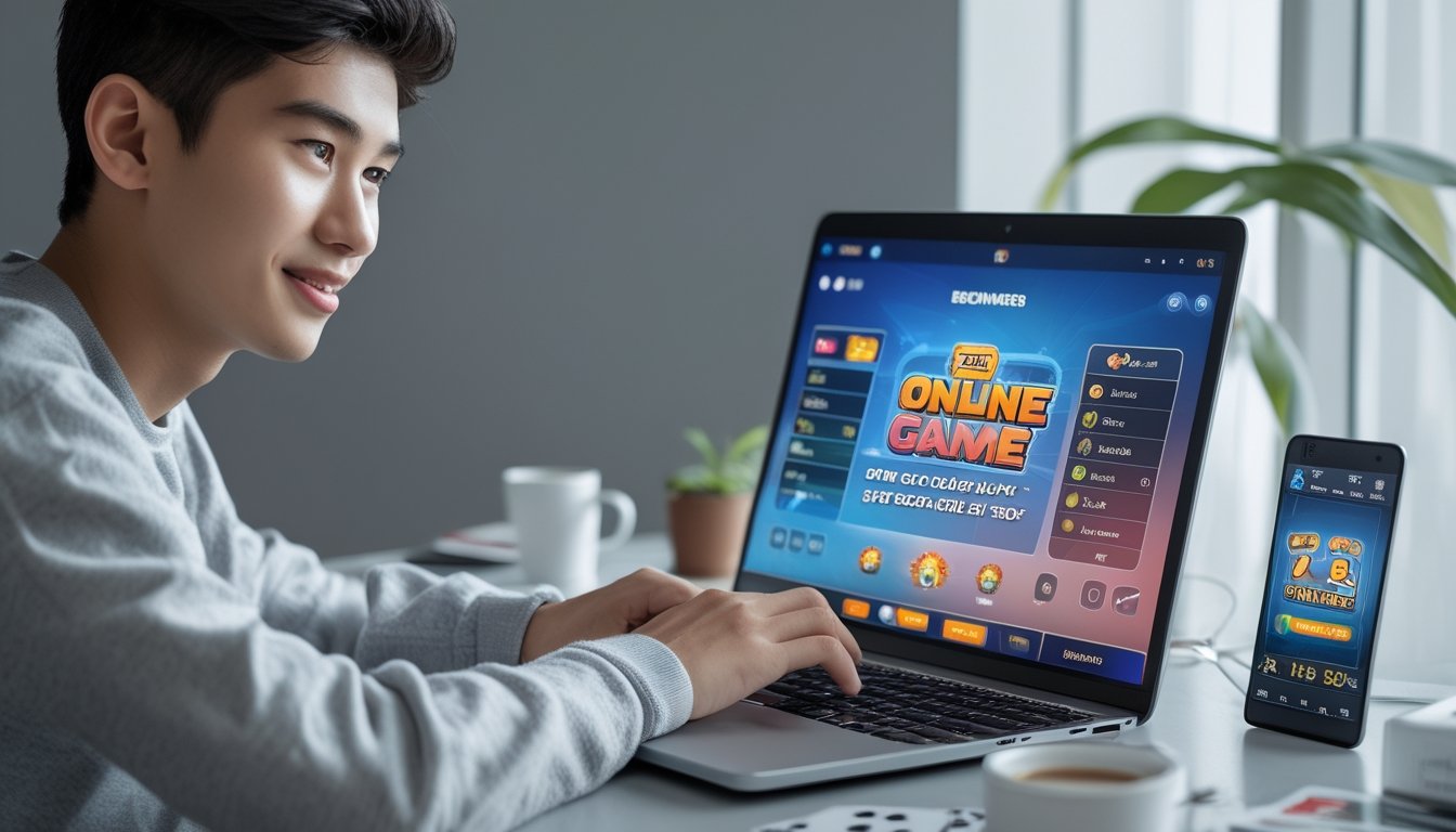 Seorang dewasa muda duduk di meja dengan laptop yang menampilkan permainan kartu online, terlihat fokus dan antusias di ruang kerja yang terang dan rapi.