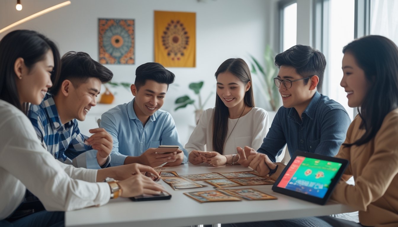 Sekelompok orang muda sedang bermain permainan kartu Ceme Online menggunakan ponsel dan tablet di ruang yang terang dan nyaman.
