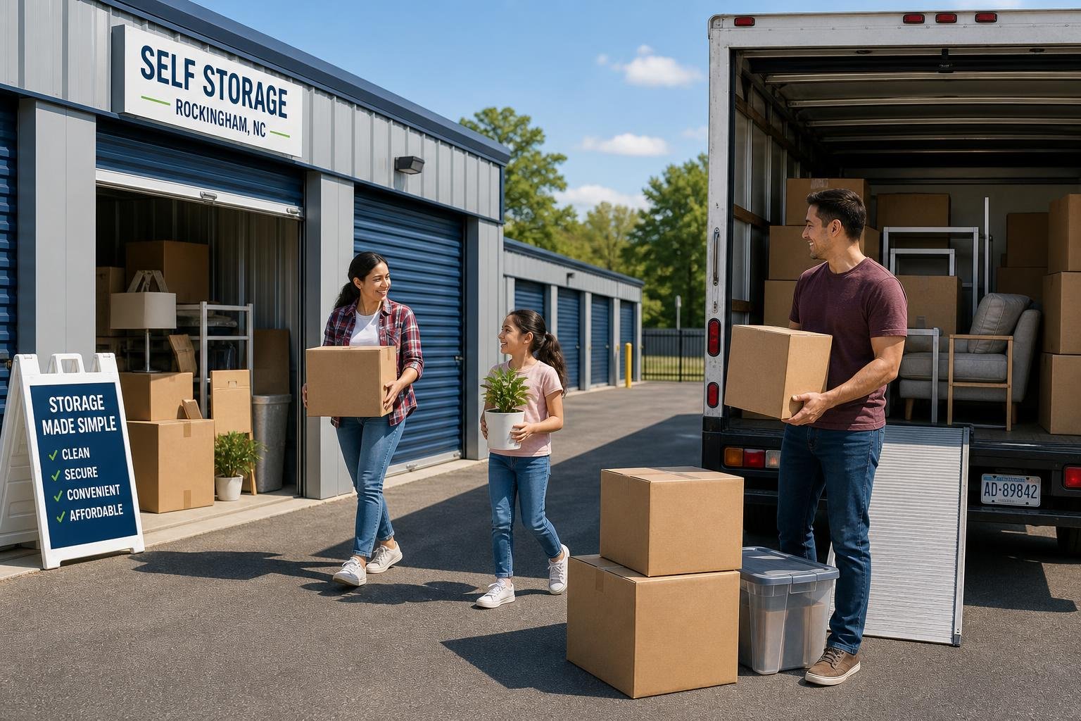 A family loading boxes into a moving truck near a row of open storage units at a storage facility on a sunny day.