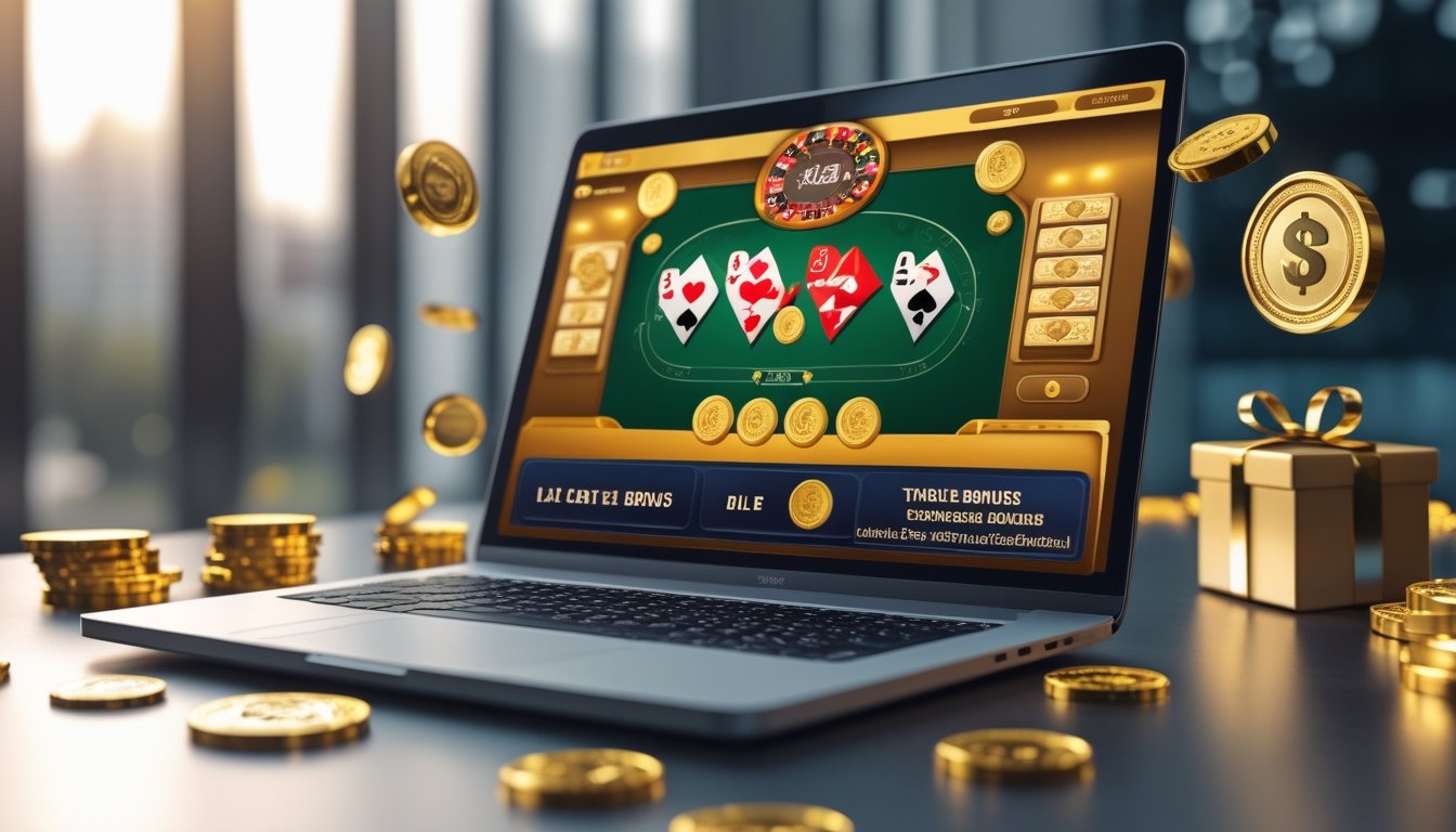 Sebuah laptop di meja dengan tampilan permainan kartu online dan tumpukan chip serta koin di sekitarnya.