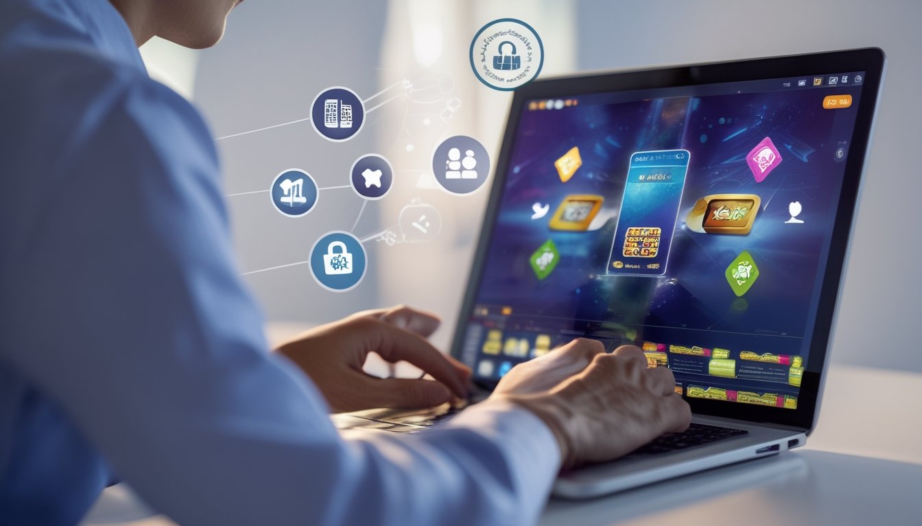 Seseorang menggunakan laptop di meja kerja dengan tampilan permainan kartu online di layar, dikelilingi ikon keamanan dan bonus.