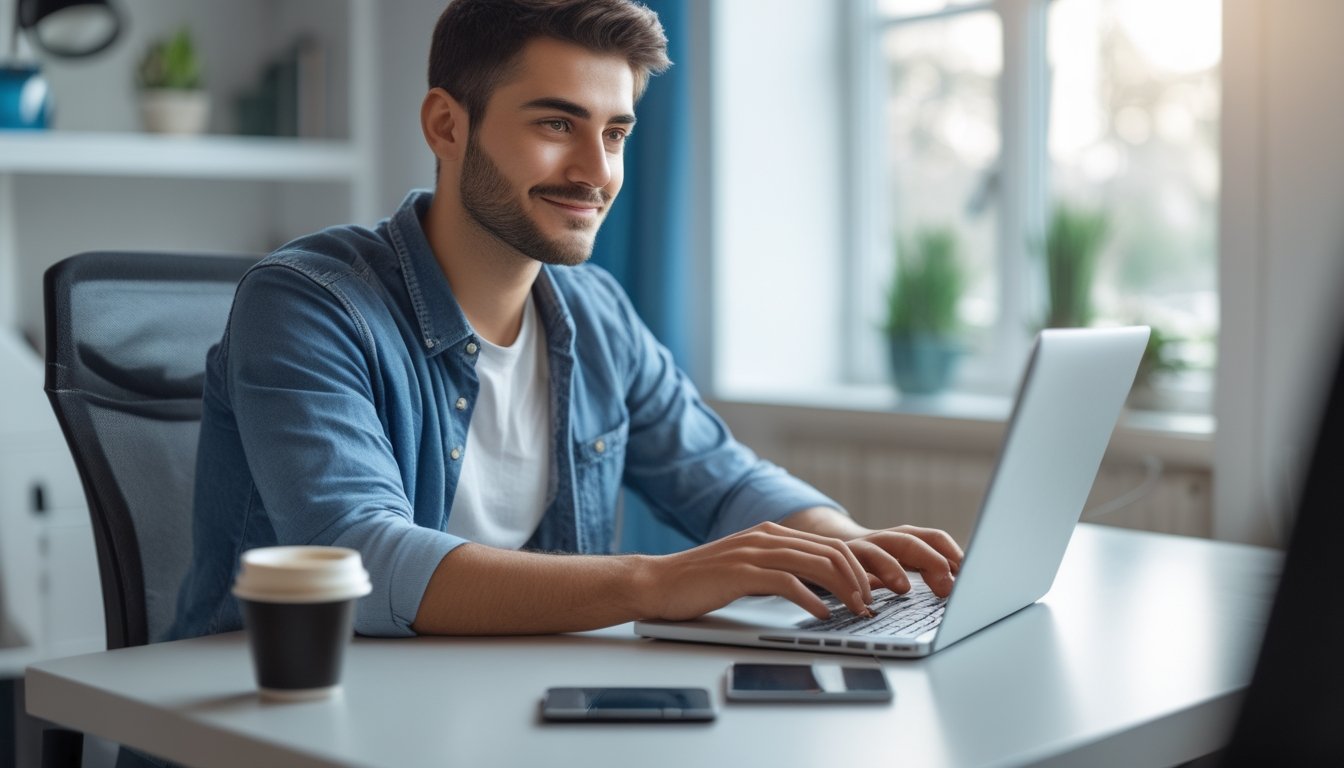 Seorang pria muda menggunakan laptop di meja modern dengan ponsel dan secangkir kopi di dekatnya, terlihat fokus dan santai di dalam ruangan yang terang.