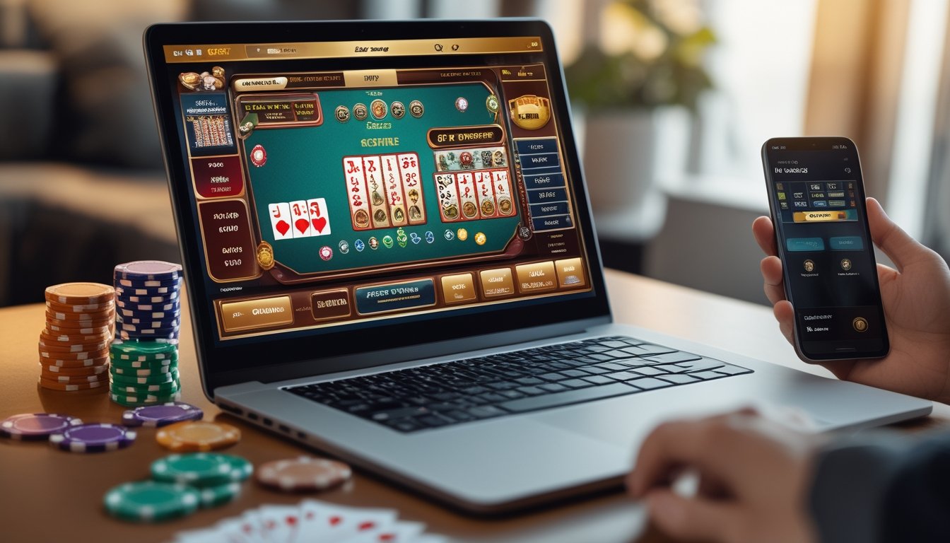 Seorang pria menggunakan laptop dengan tampilan permainan kartu Ceme online di meja kerja yang rapi dengan chip poker dan ponsel di sampingnya.