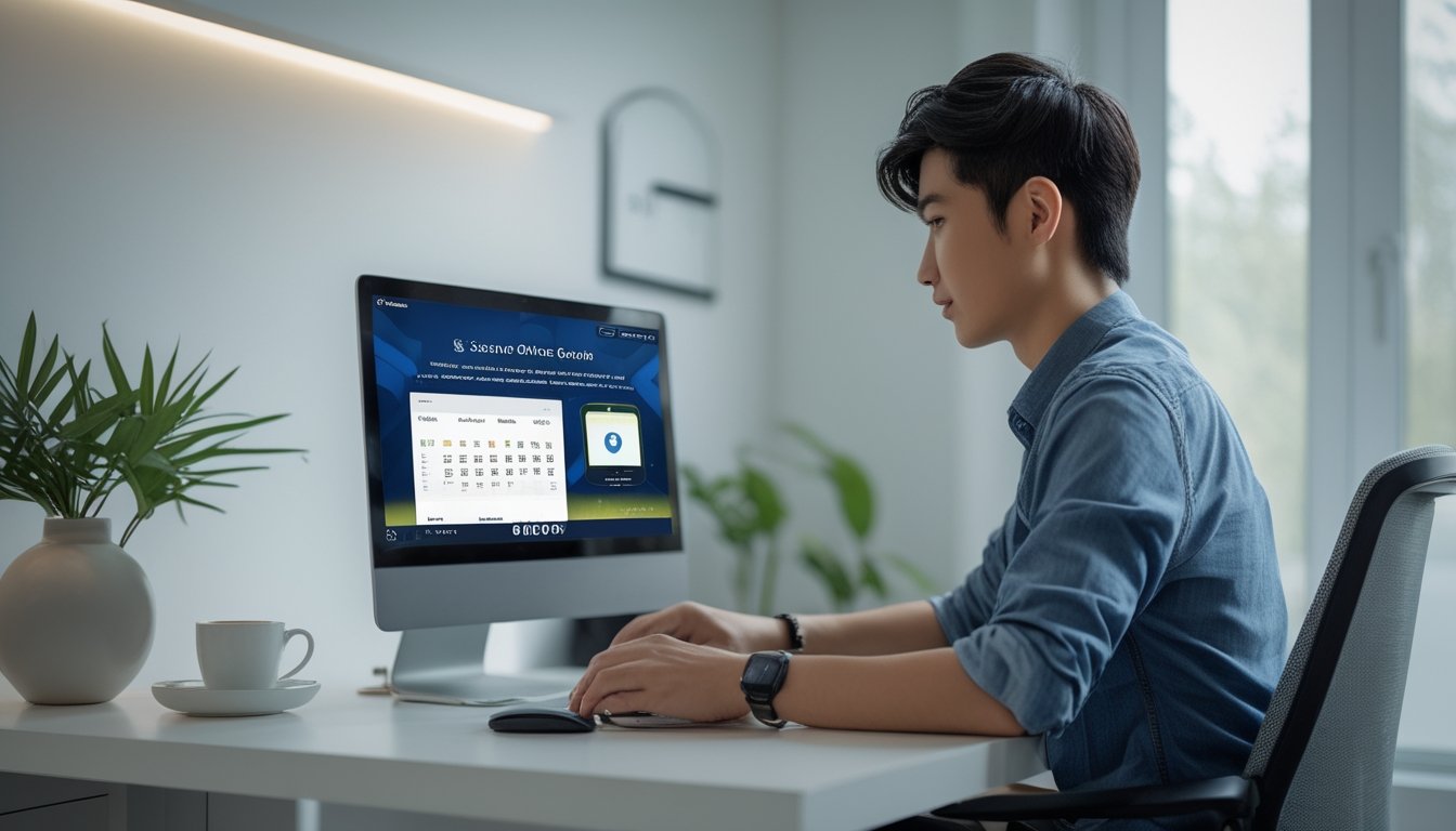 Seorang pria muda duduk di meja dengan laptop di ruang kerja rumah yang terang dan rapi, fokus pada layar komputer.