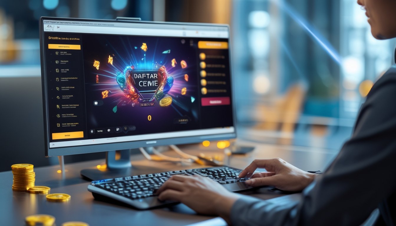 Seseorang menggunakan komputer dengan tampilan permainan kartu online di layar dalam suasana kerja yang modern.