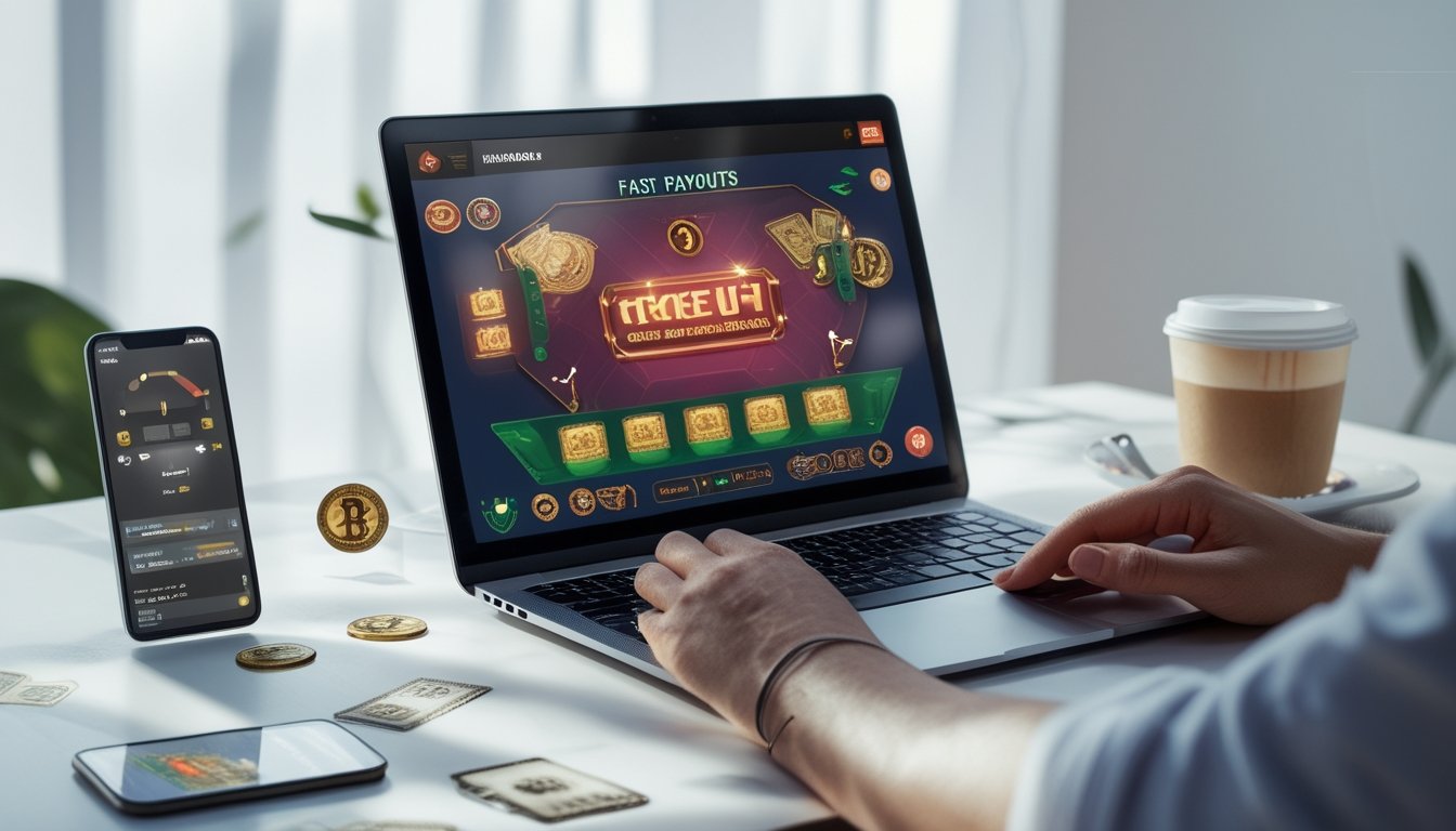 Seorang pengguna sedang bermain permainan kartu Ceme online di laptop dengan suasana kerja yang rapi dan perangkat teknologi di sekitarnya.