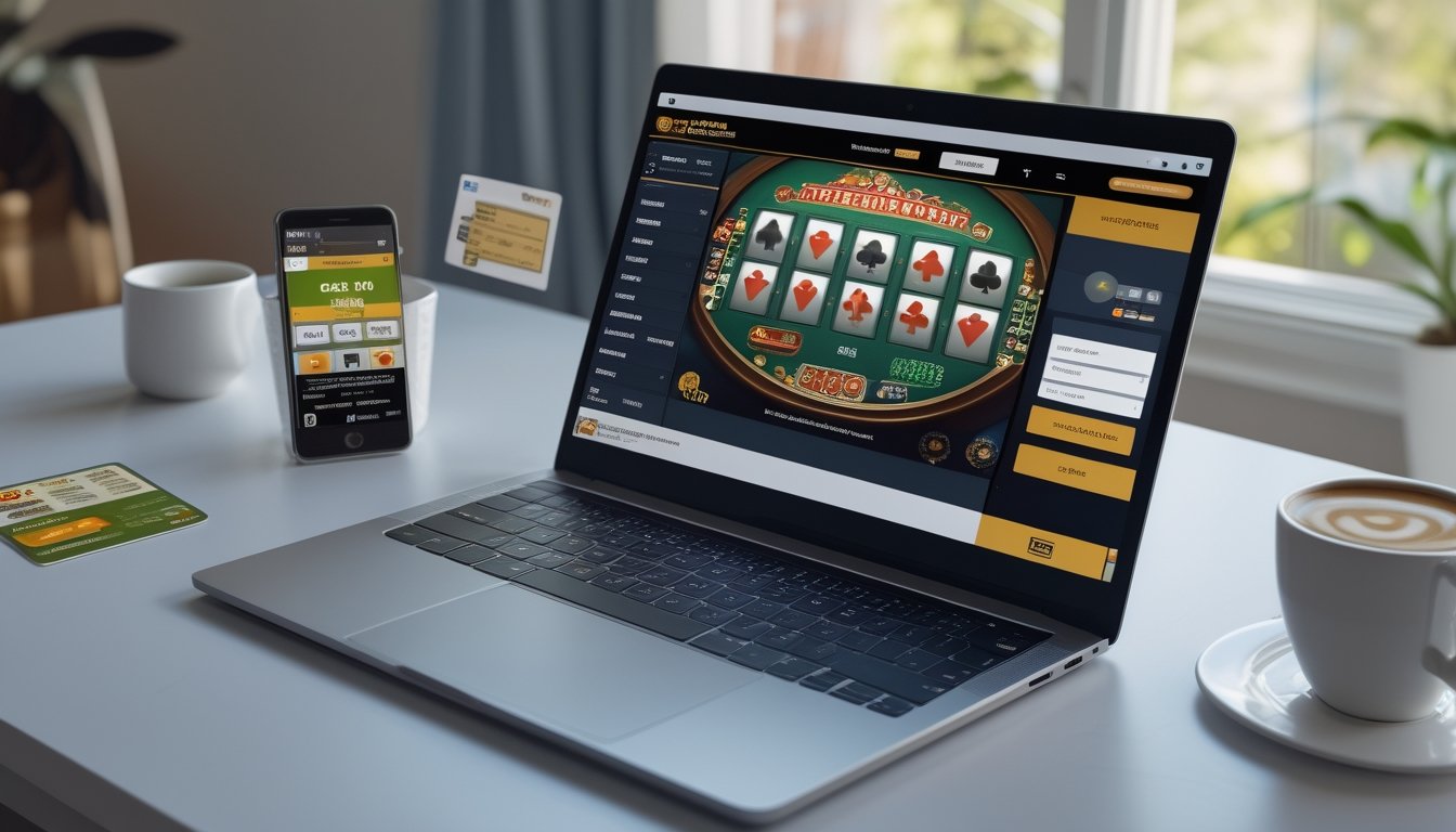 Meja kerja dengan laptop yang menampilkan permainan kartu online, ponsel dengan notifikasi promo, dan kartu kredit, di ruangan yang terang dengan cahaya alami.