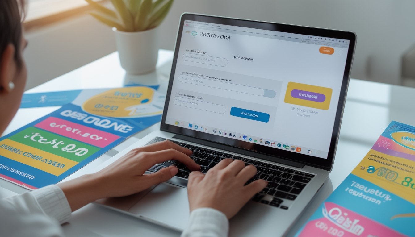 Seseorang sedang menggunakan laptop untuk mendaftar online dengan materi promosi di sekitar meja kerja.