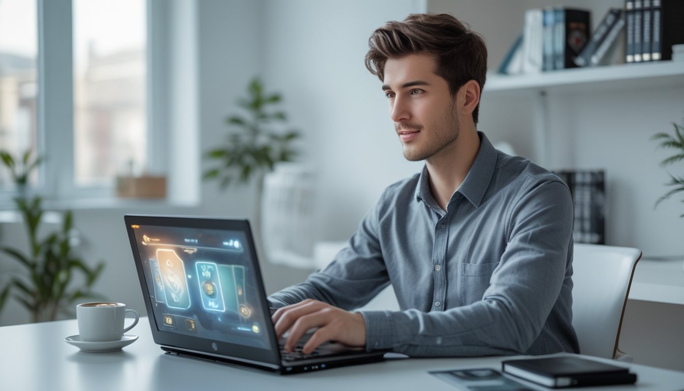 Seorang pria muda duduk di meja dengan laptop, fokus bermain permainan kartu online di ruang kerja yang terang dan rapi.