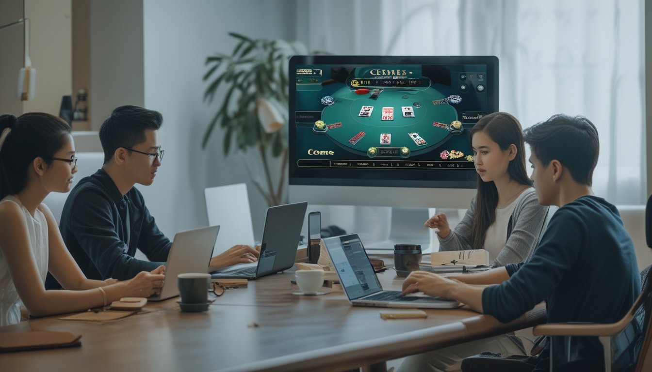 Sekelompok orang muda sedang bermain permainan Ceme secara online di depan komputer dan perangkat digital di sebuah ruangan modern.
