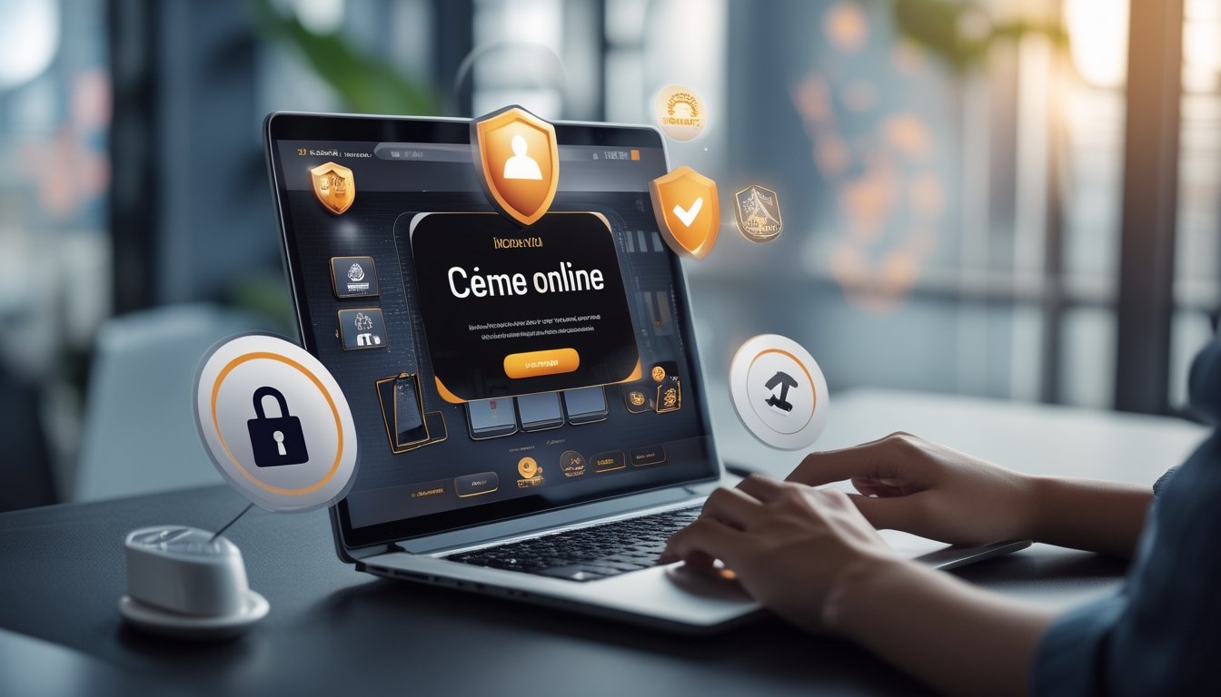 Seorang pengguna duduk di depan laptop dengan tampilan permainan kartu online, dikelilingi simbol keamanan seperti gembok dan tanda centang, dengan latar belakang motif Indonesia.