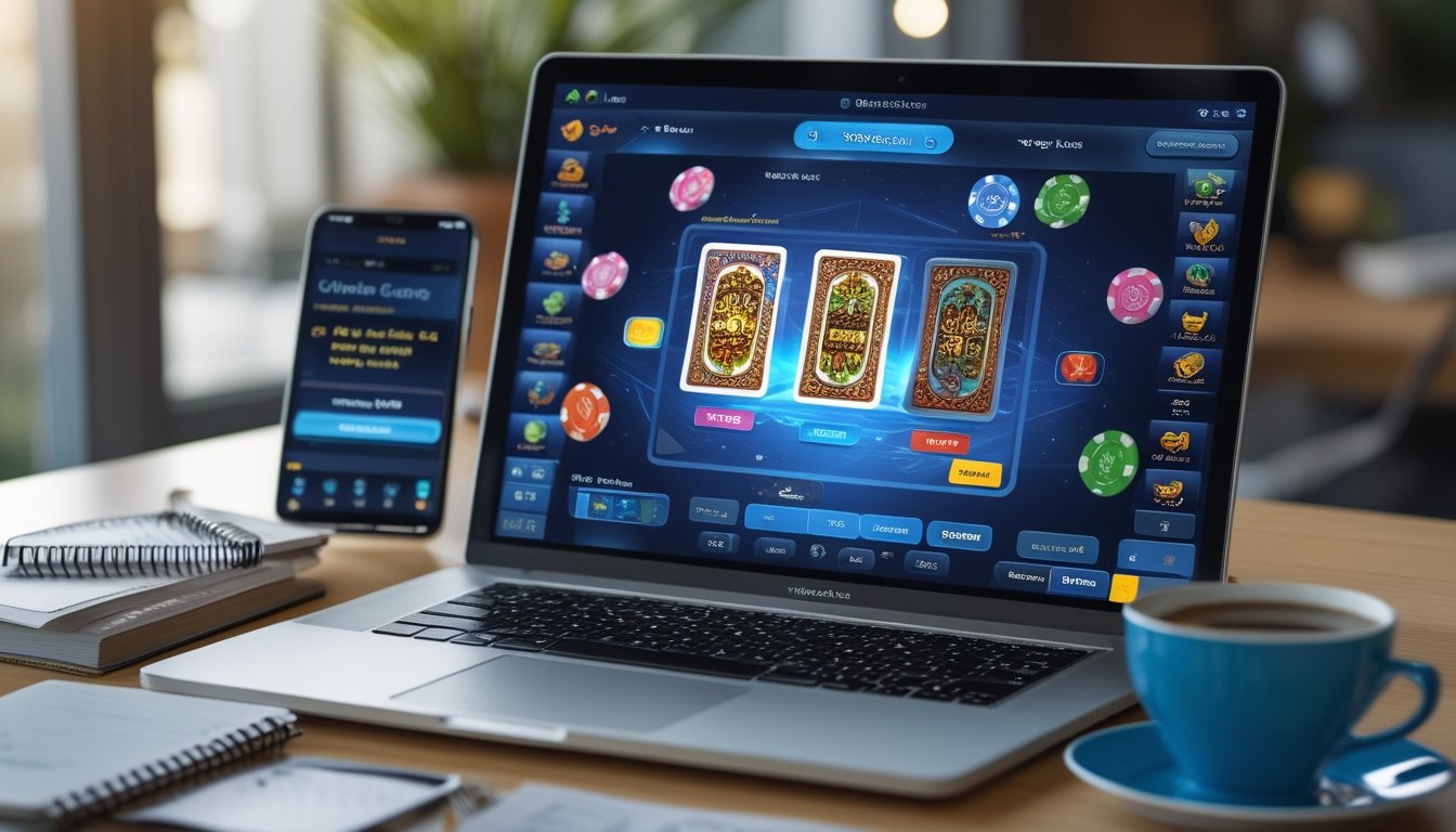 Meja kerja dengan laptop yang menampilkan permainan kartu digital, smartphone dengan video tutorial, dan secangkir kopi di dekat jendela dengan cahaya alami.