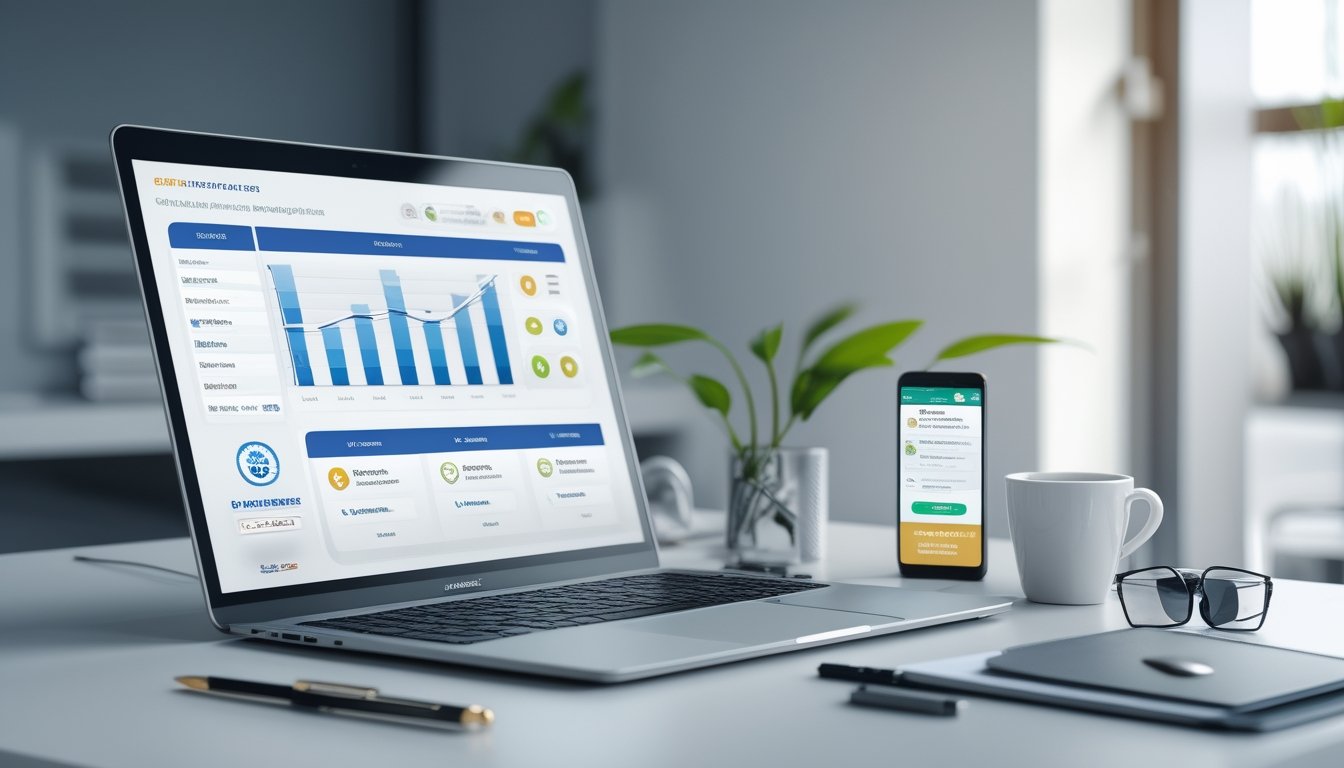 Meja kerja modern dengan laptop, ponsel, dan cangkir kopi yang menampilkan tampilan digital terkait program referral dan promosi.