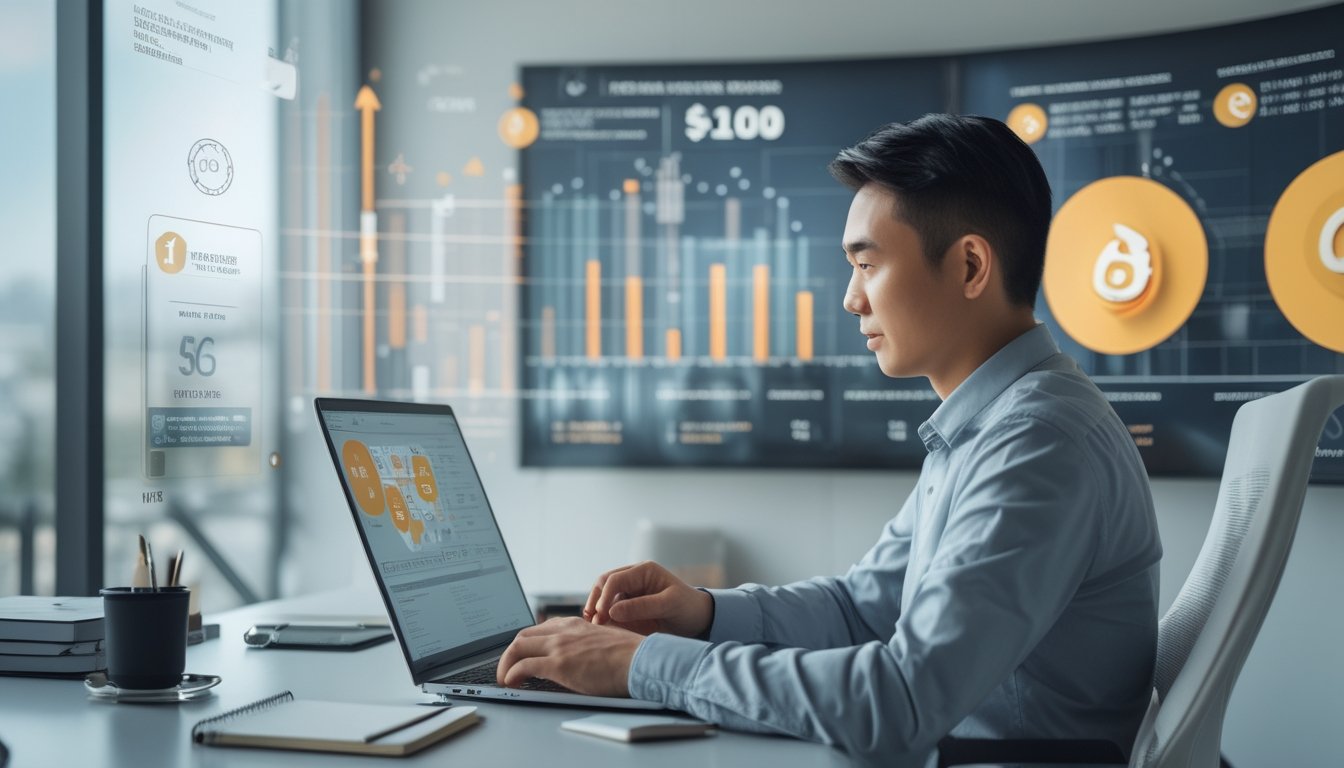 Seorang pria muda duduk di meja kantor menggunakan laptop dan ponsel, dengan layar digital menampilkan grafik dan ikon program referral di latar belakang.