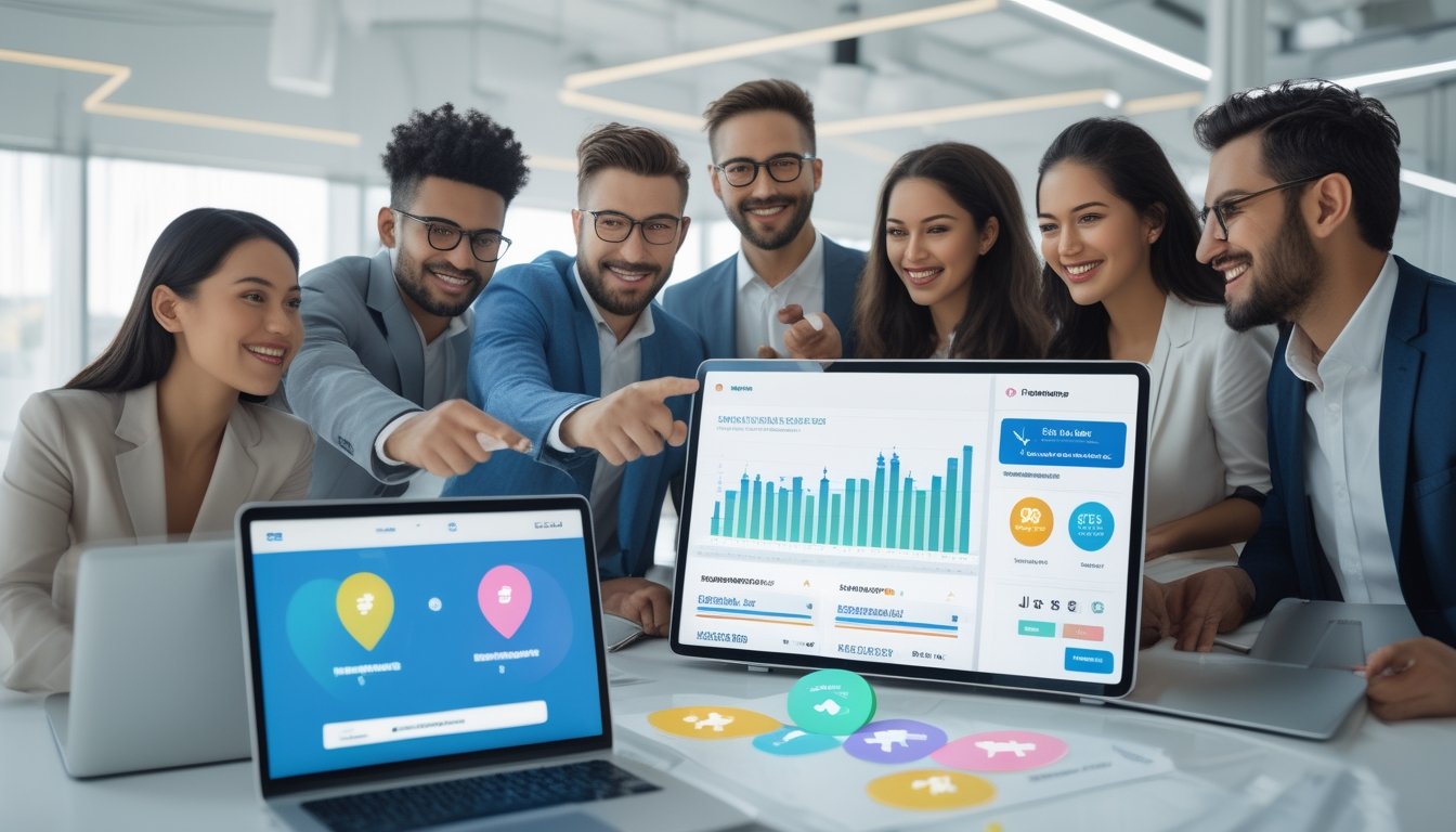 Sekelompok profesional muda sedang berdiskusi di kantor modern dengan perangkat digital yang menampilkan grafik dan ikon program referral serta promosi lotere online.