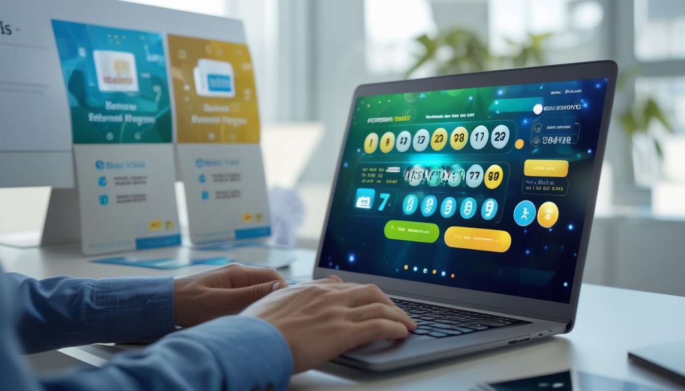 Seorang pengguna bekerja dengan laptop yang menampilkan antarmuka permainan togel online dan materi promosi di meja kerja yang terang dan rapi.