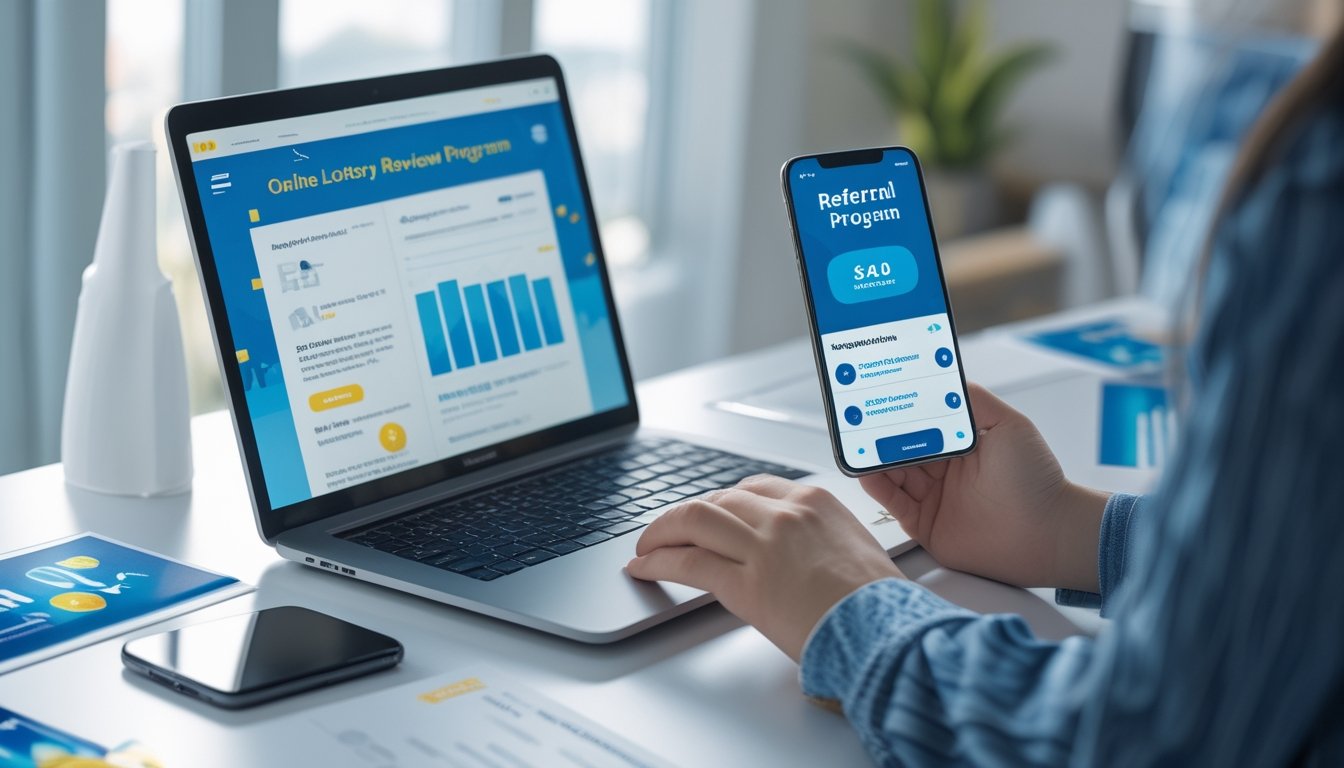 Meja kerja dengan laptop dan ponsel yang menampilkan situs web dan notifikasi terkait program referral dan promosi togel online.