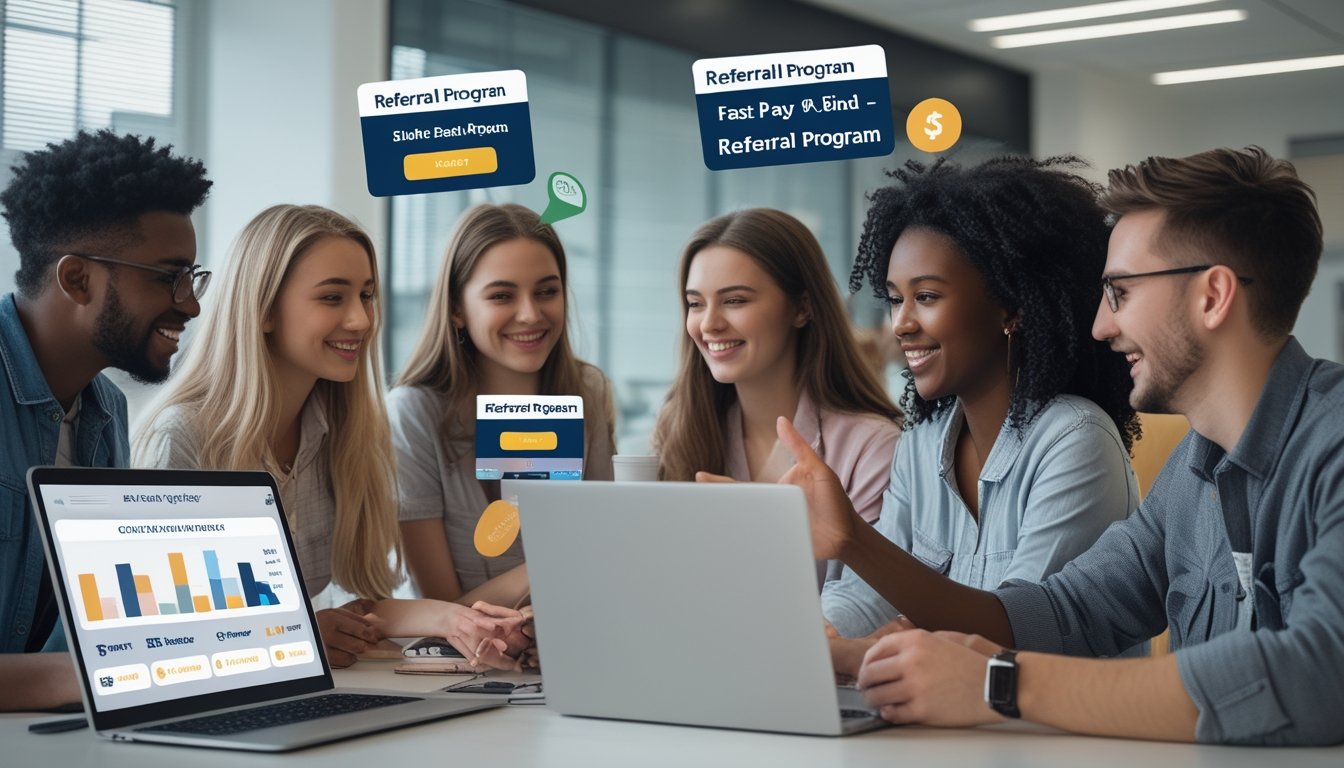 Sekelompok orang muda sedang berdiskusi di kantor modern dengan laptop dan ponsel yang menampilkan grafik dan ikon program referral.