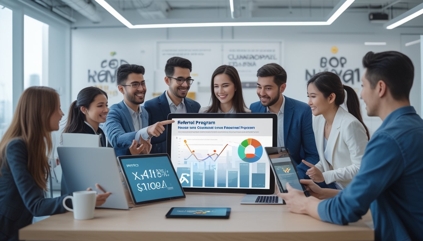 Sekelompok profesional muda sedang berdiskusi di kantor modern dengan layar sentuh yang menampilkan grafik program referral dan promosi online.