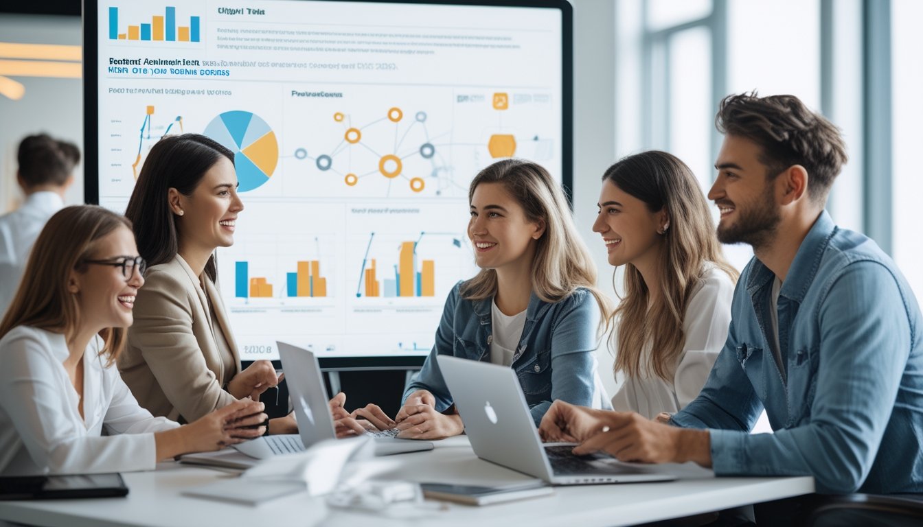 Sekelompok orang muda bekerja sama di kantor modern dengan layar sentuh besar yang menampilkan grafik dan ikon jaringan referral.