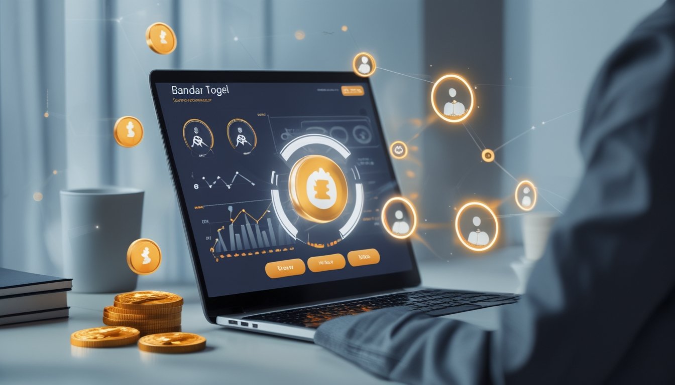 Seorang profesional bekerja di depan laptop yang menampilkan grafik dan ikon bonus, menggambarkan program referral Bandar Togel online.