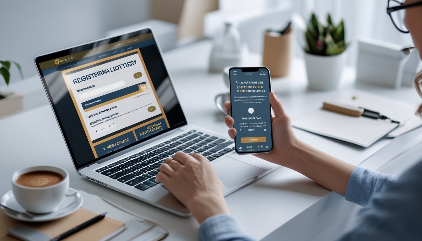 Seseorang menggunakan laptop dan ponsel di meja kerja untuk mendaftar situs togel online dengan program referral dan promo.
