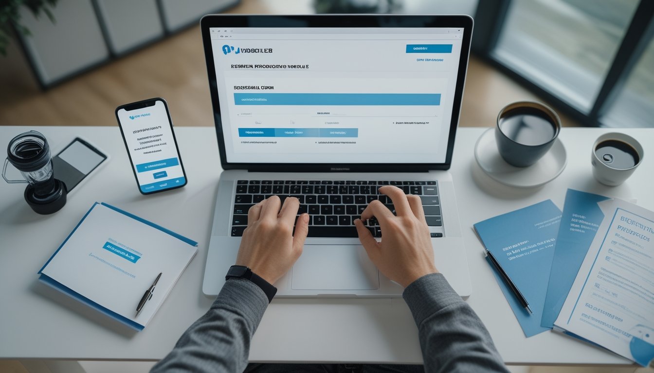 Meja kerja dengan laptop dan smartphone yang menampilkan proses pendaftaran online, tangan seseorang sedang mengetik, dan beberapa alat tulis di sekitar.
