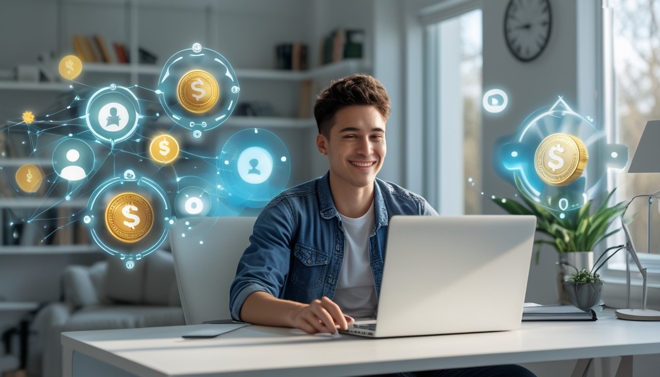 Seseorang duduk di meja dengan laptop di ruang kerja rumah yang terang, dikelilingi ikon digital yang melambangkan program referral dan promosi togel online.
