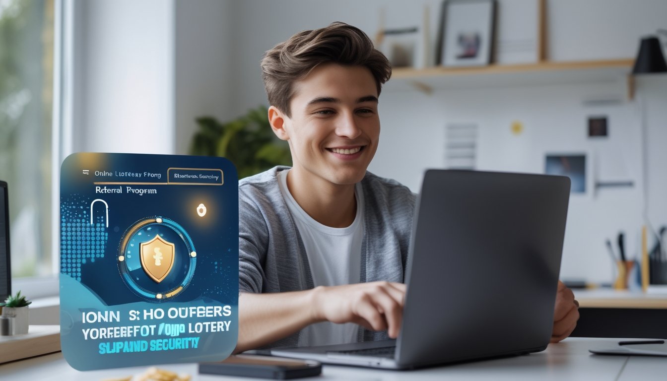 Seorang dewasa muda tersenyum menggunakan laptop di ruang kerja rumah yang terang, menunjukkan pengalaman bermain togel online yang aman dan terpercaya.