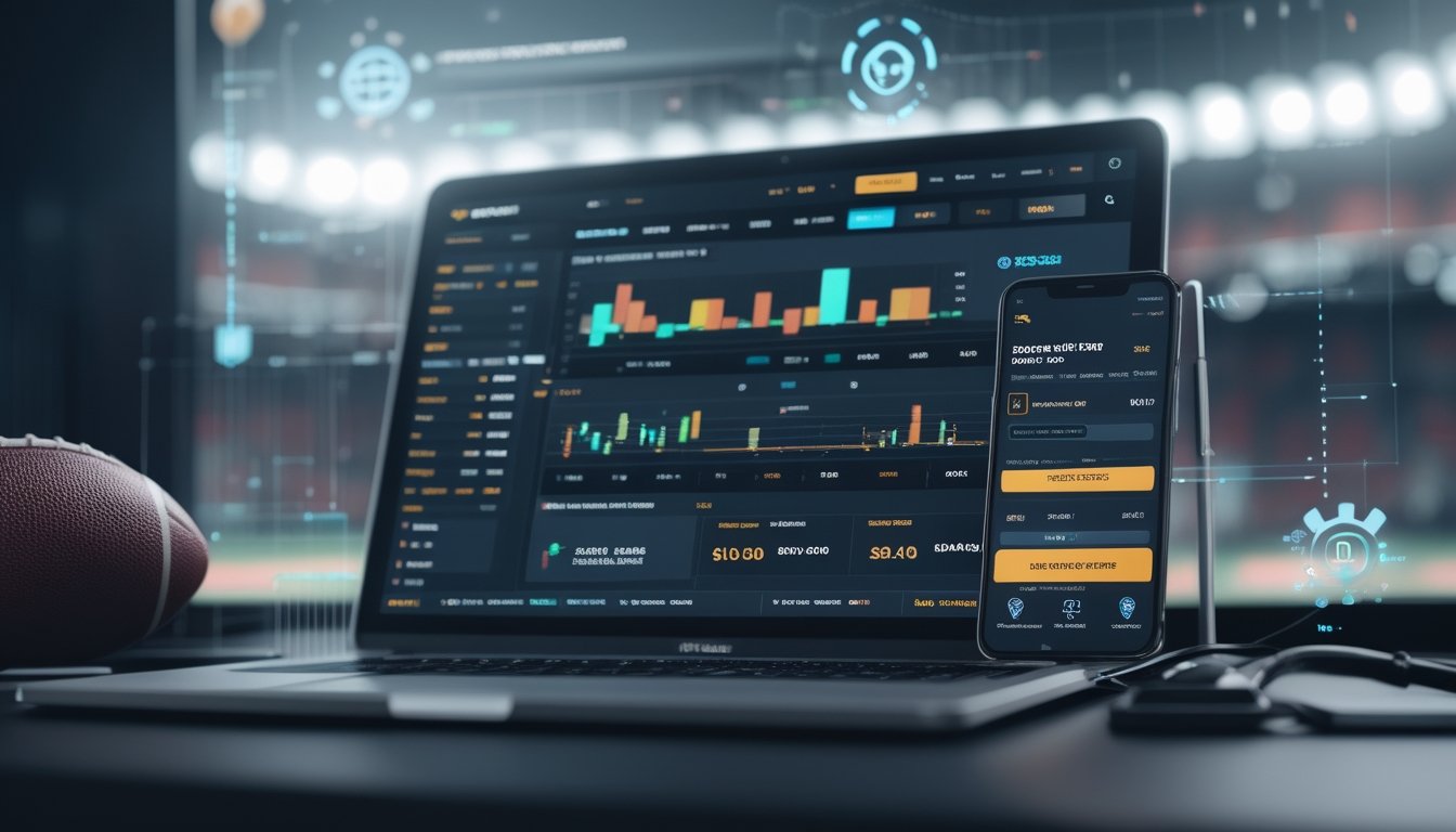 Meja kerja dengan laptop dan ponsel yang menampilkan situs taruhan bola online, dengan bola sepak dan elemen olahraga di latar belakang.