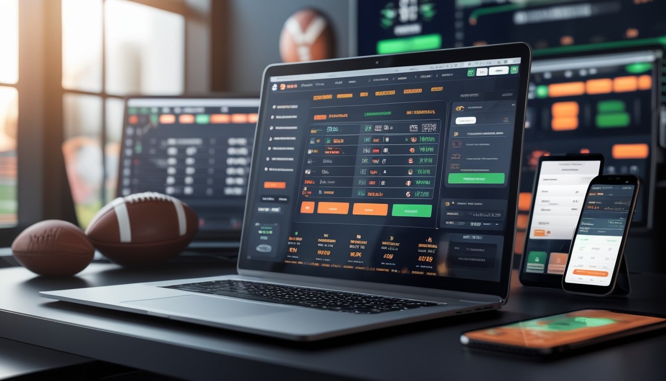 Seorang pengguna duduk di depan laptop dan perangkat digital lainnya yang menampilkan aplikasi taruhan olahraga online dengan latar belakang bola sepak dan grafik statistik.