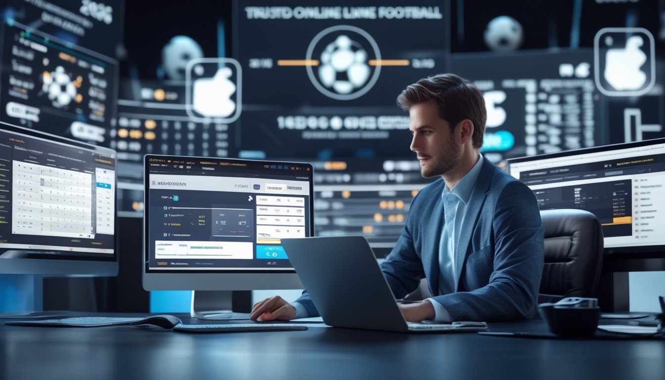 Seorang profesional sedang menganalisis data taruhan sepak bola online dengan beberapa layar komputer di meja kerjanya.