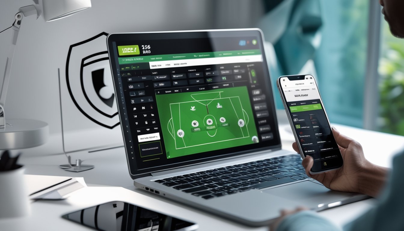 Seorang pria menggunakan laptop dan ponsel di meja kerja dengan tampilan situs taruhan sepak bola online di layar.