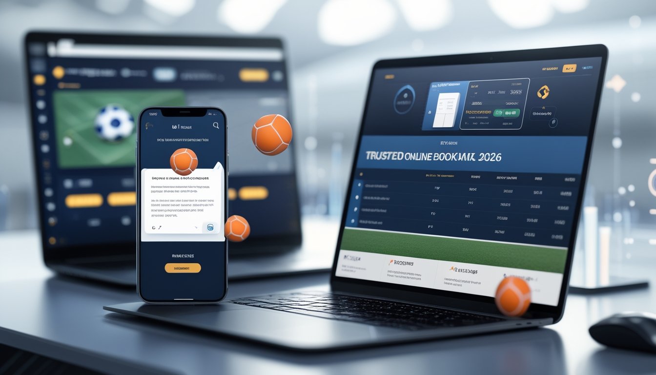 Seorang pria menggunakan laptop dan ponsel untuk memasang taruhan bola online dengan latar belakang bola sepak dan grafik statistik.