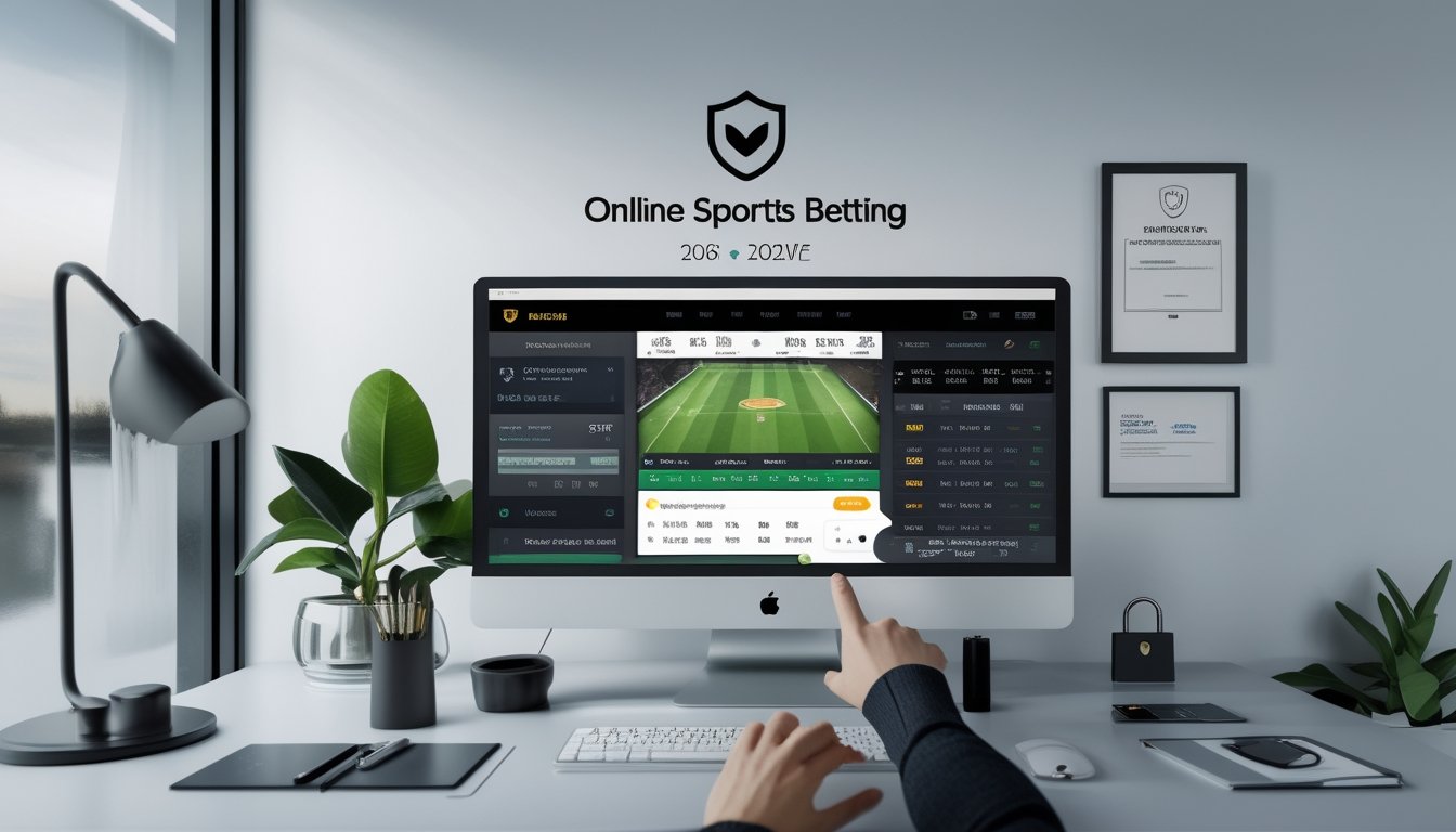 Meja kerja dengan komputer menampilkan situs taruhan bola online, tangan seseorang sedang berinteraksi dengan layar, suasana profesional dan terang.