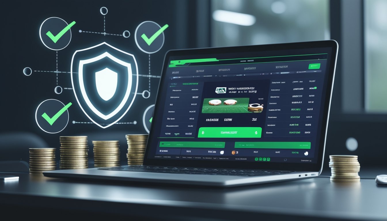 Meja kerja modern dengan laptop yang menampilkan situs taruhan bola online, dikelilingi ikon perlindungan, daftar centang, dan tumpukan koin sebagai simbol bonus.