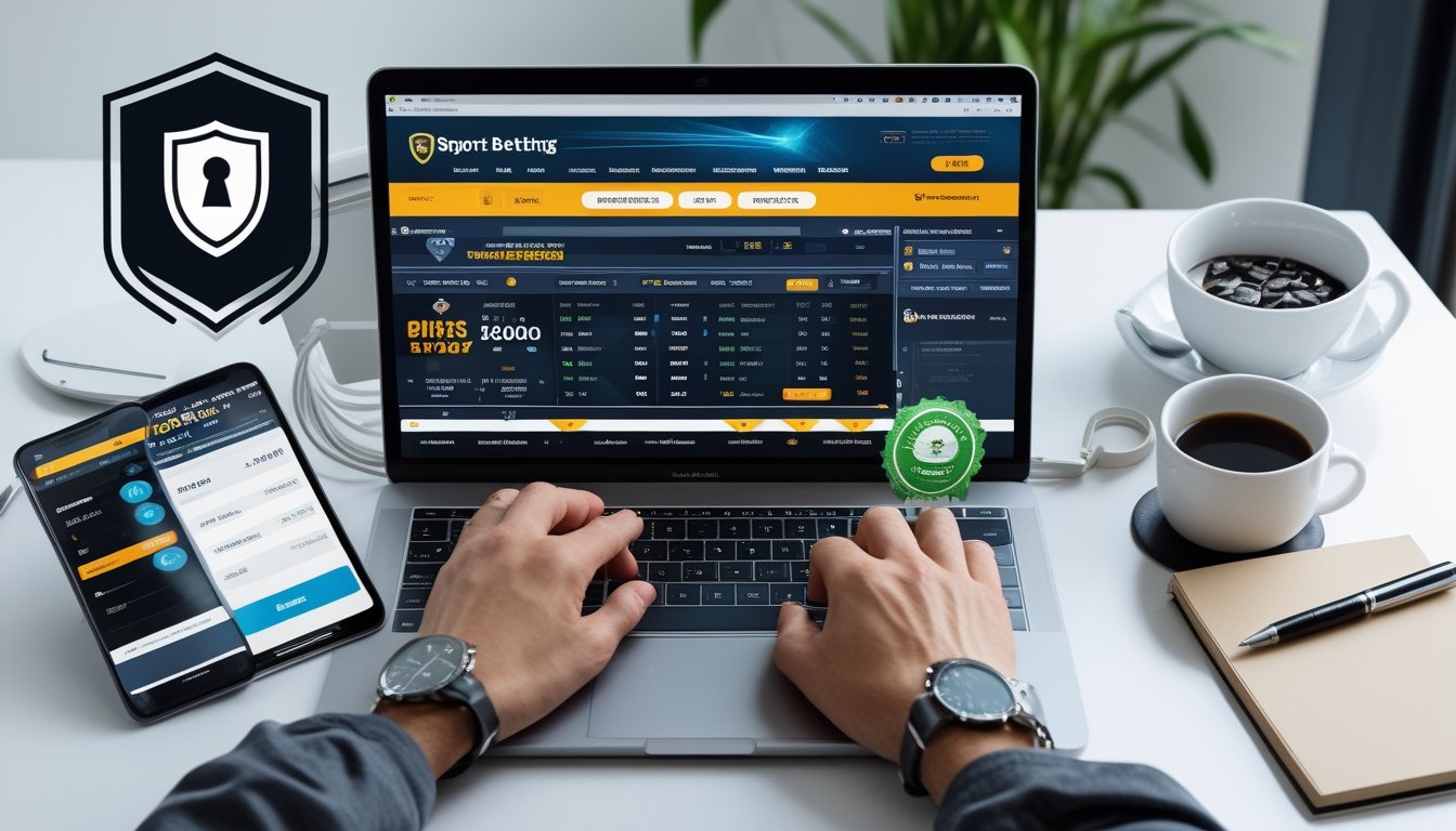 Meja kerja modern dengan laptop menampilkan situs taruhan olahraga online, tangan orang yang sedang menggunakan laptop, dan simbol keamanan di sekitar.
