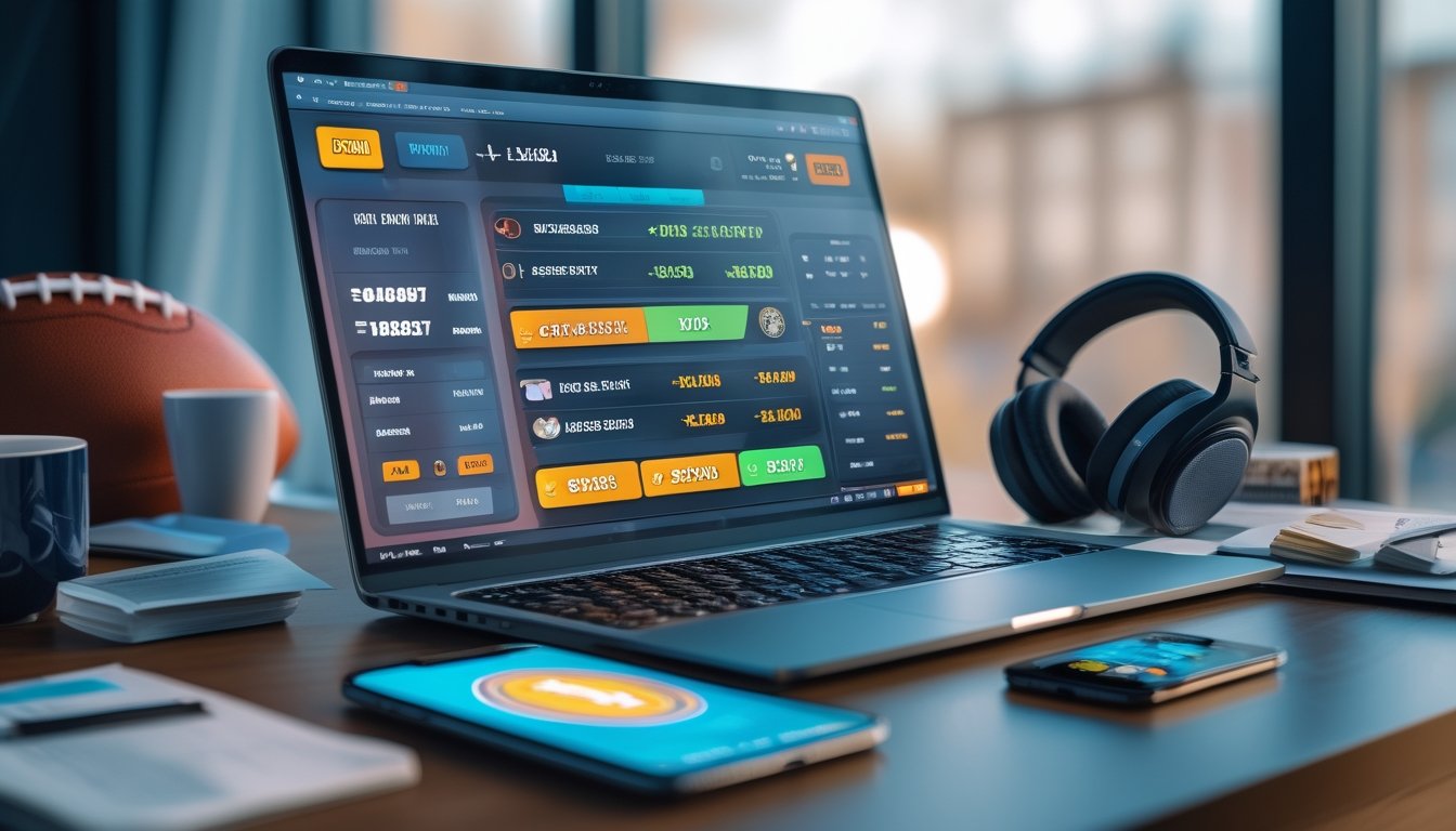 Seorang pengguna sedang melihat laptop dan ponsel dengan tampilan aplikasi taruhan olahraga online di sebuah meja dengan bola sepak dan cangkir kopi.