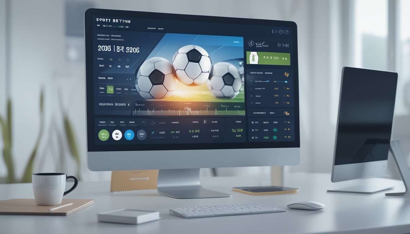Sebuah meja kerja dengan komputer dan ponsel menampilkan antarmuka taruhan bola online, dikelilingi oleh alat tulis dan cangkir kopi di ruang kantor yang terang.