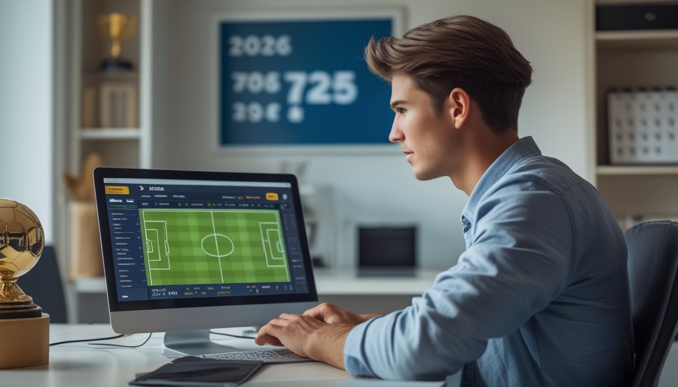 Seorang pria muda duduk di meja dengan laptop, fokus melihat situs taruhan bola online di ruang kerja yang rapi.
