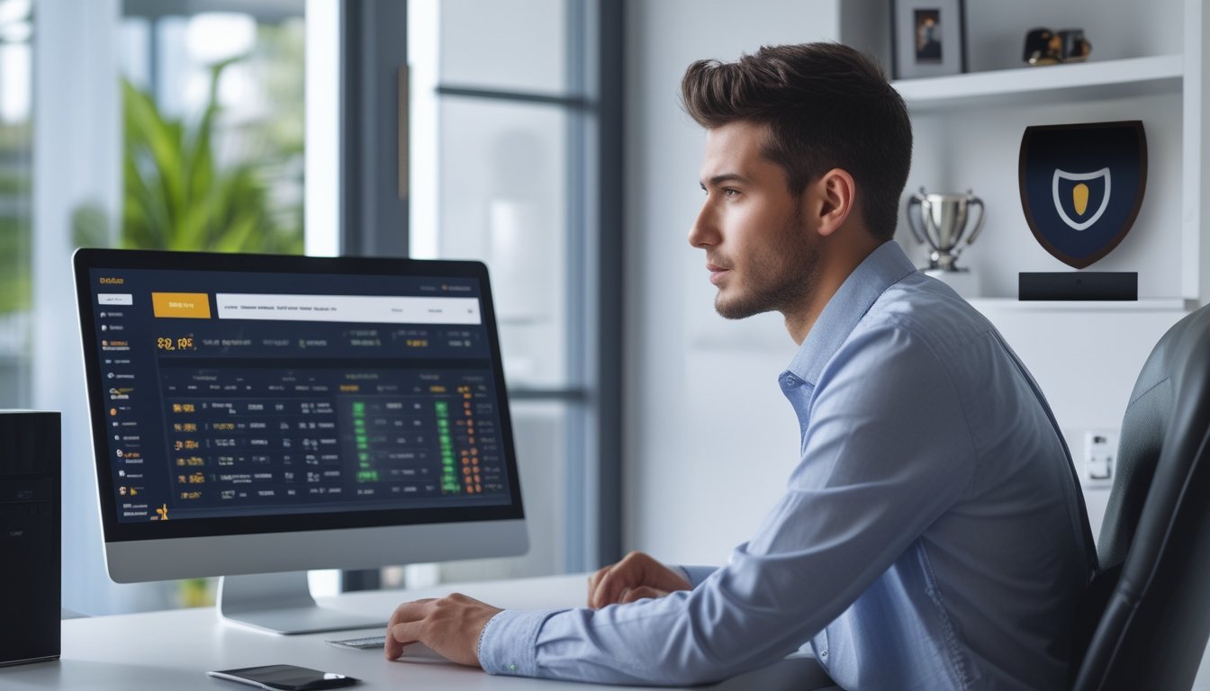 Seorang pria muda duduk di depan komputer di ruang kerja modern, fokus pada layar yang menampilkan situs taruhan olahraga online dengan suasana yang aman dan terpercaya.