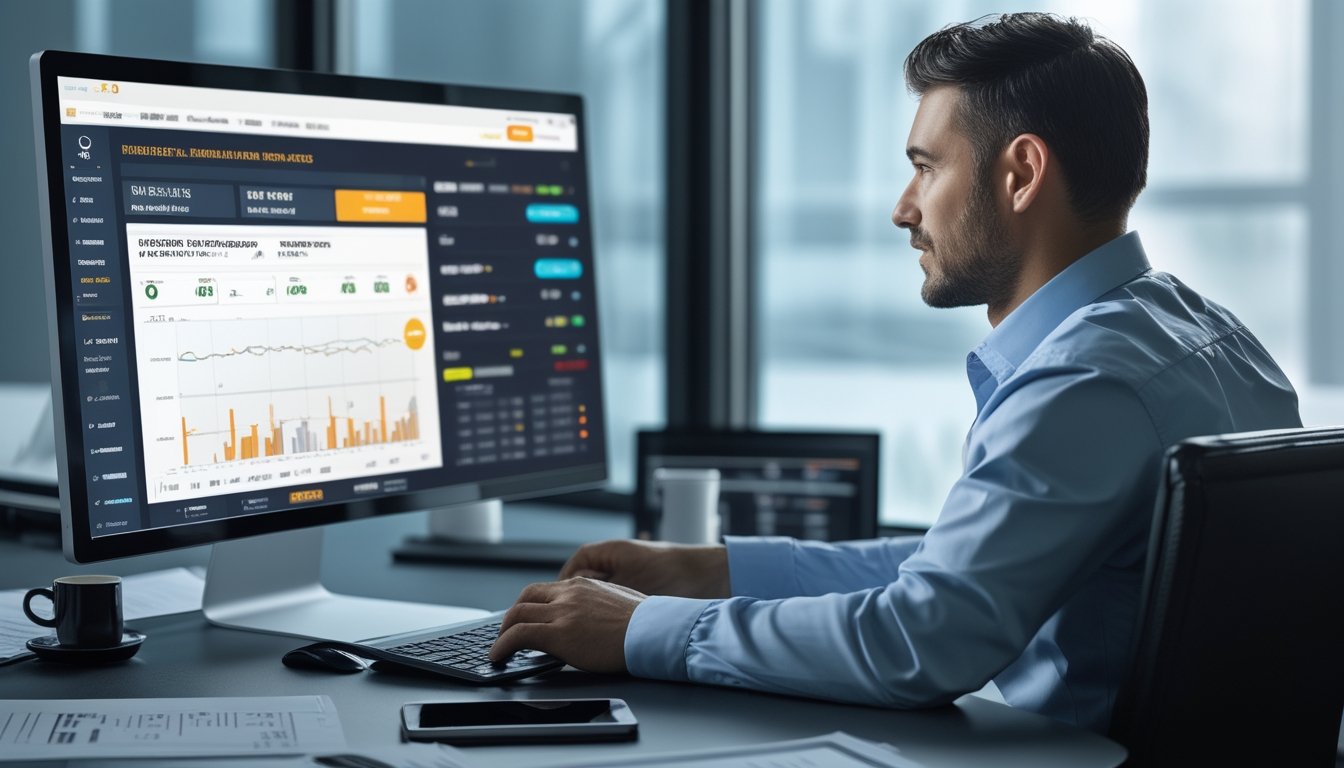 Seorang pria profesional sedang duduk di meja kantor modern sambil melihat data taruhan olahraga online di layar komputer.