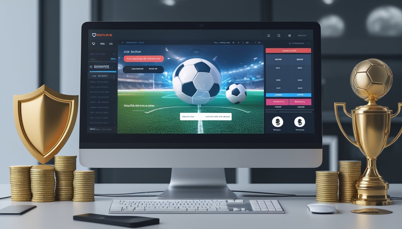 Suasana ruang kerja modern dengan komputer menampilkan grafik terkait taruhan bola online, simbol keamanan, dan bonus besar.