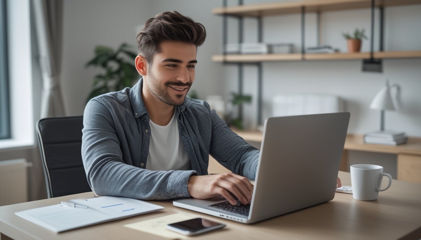 Seorang pria muda duduk di meja modern menggunakan laptop untuk mendaftar dan klaim bonus di platform online, dengan suasana kantor rumah yang rapi dan nyaman.