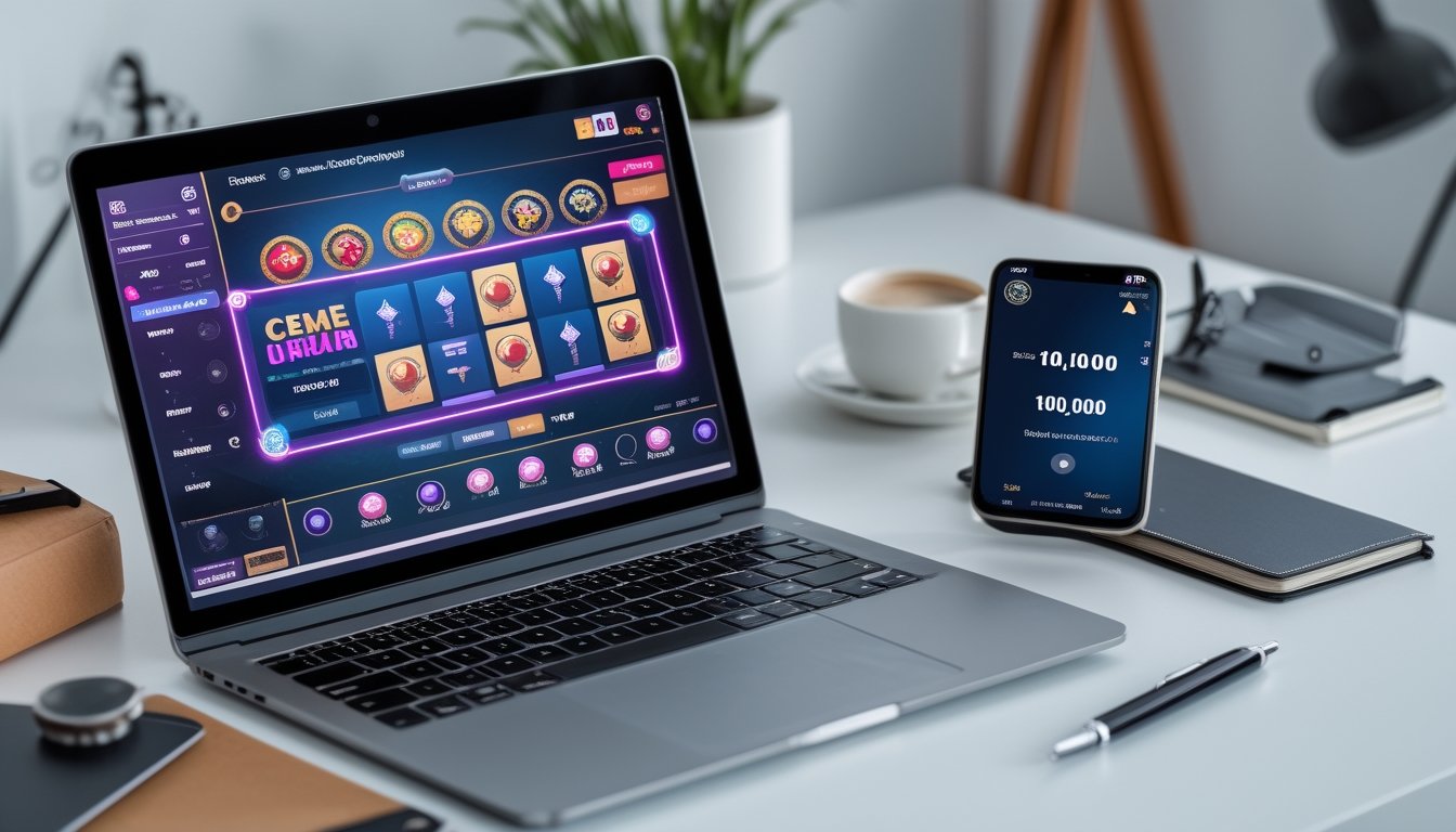 Seorang pengguna sedang menggunakan laptop dan ponsel di meja kerja untuk bermain permainan kartu online dan melakukan deposit kecil.