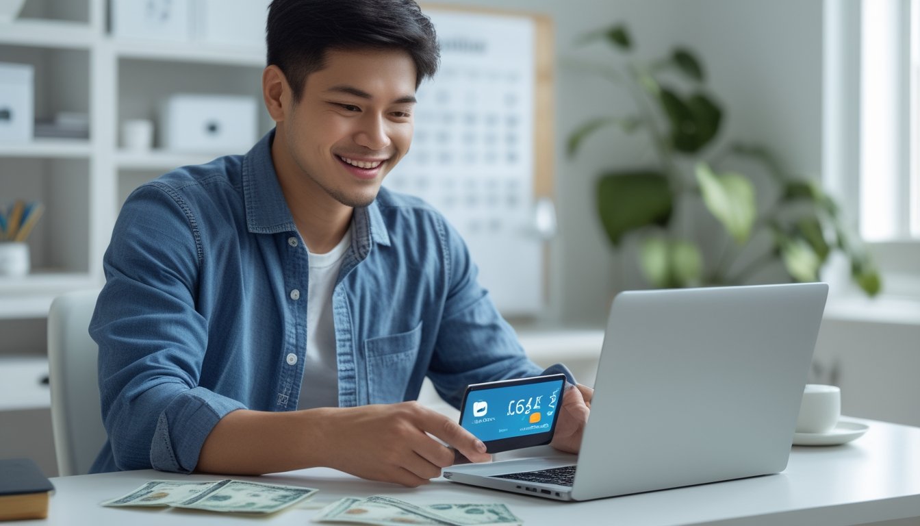 Seorang pria muda duduk di meja dengan laptop dan smartphone, menunjukkan transaksi online dengan uang di sekitarnya.