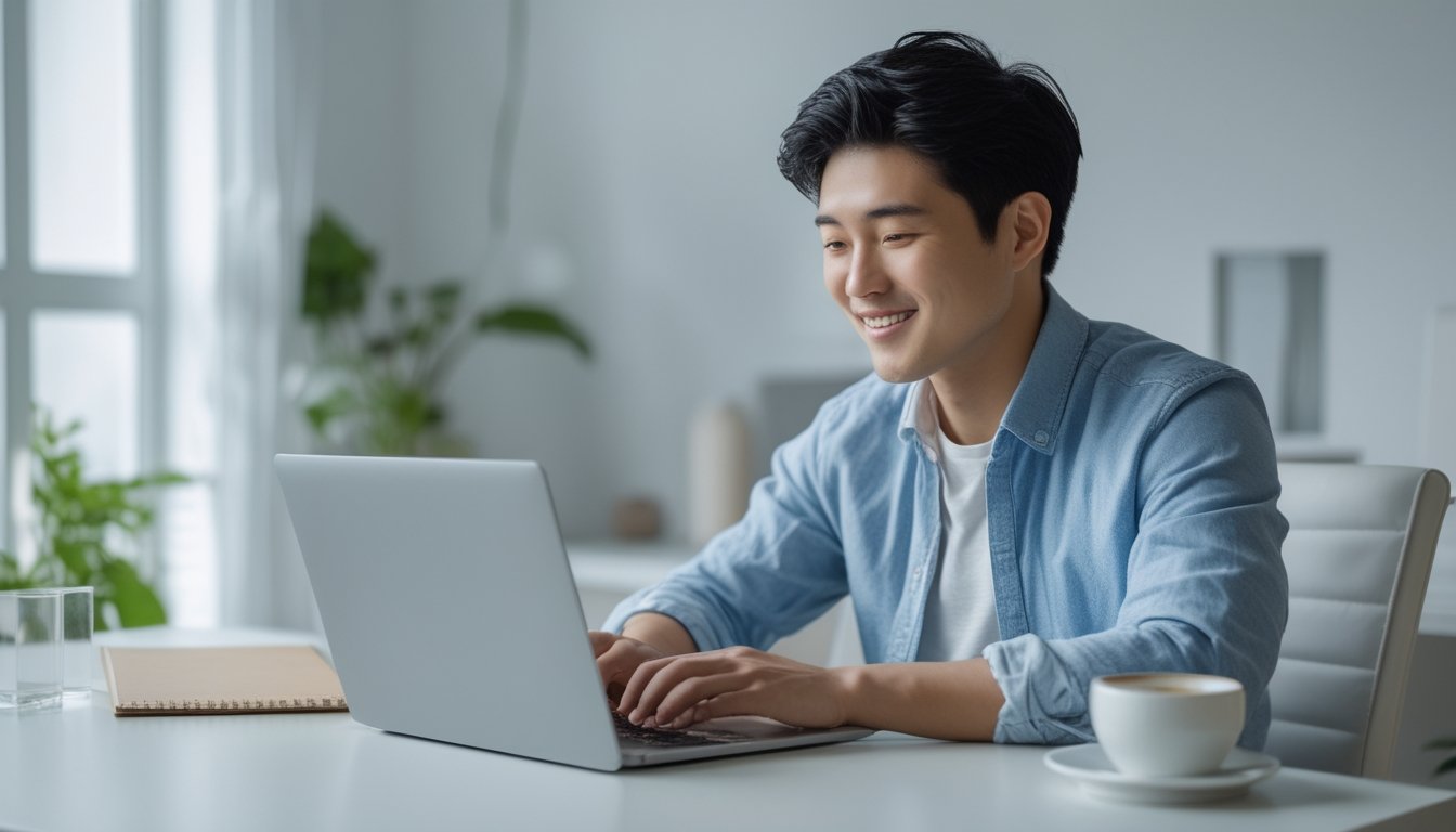 Seorang pria muda sedang menggunakan laptop di meja kerja di rumah dengan ekspresi fokus dan senang.